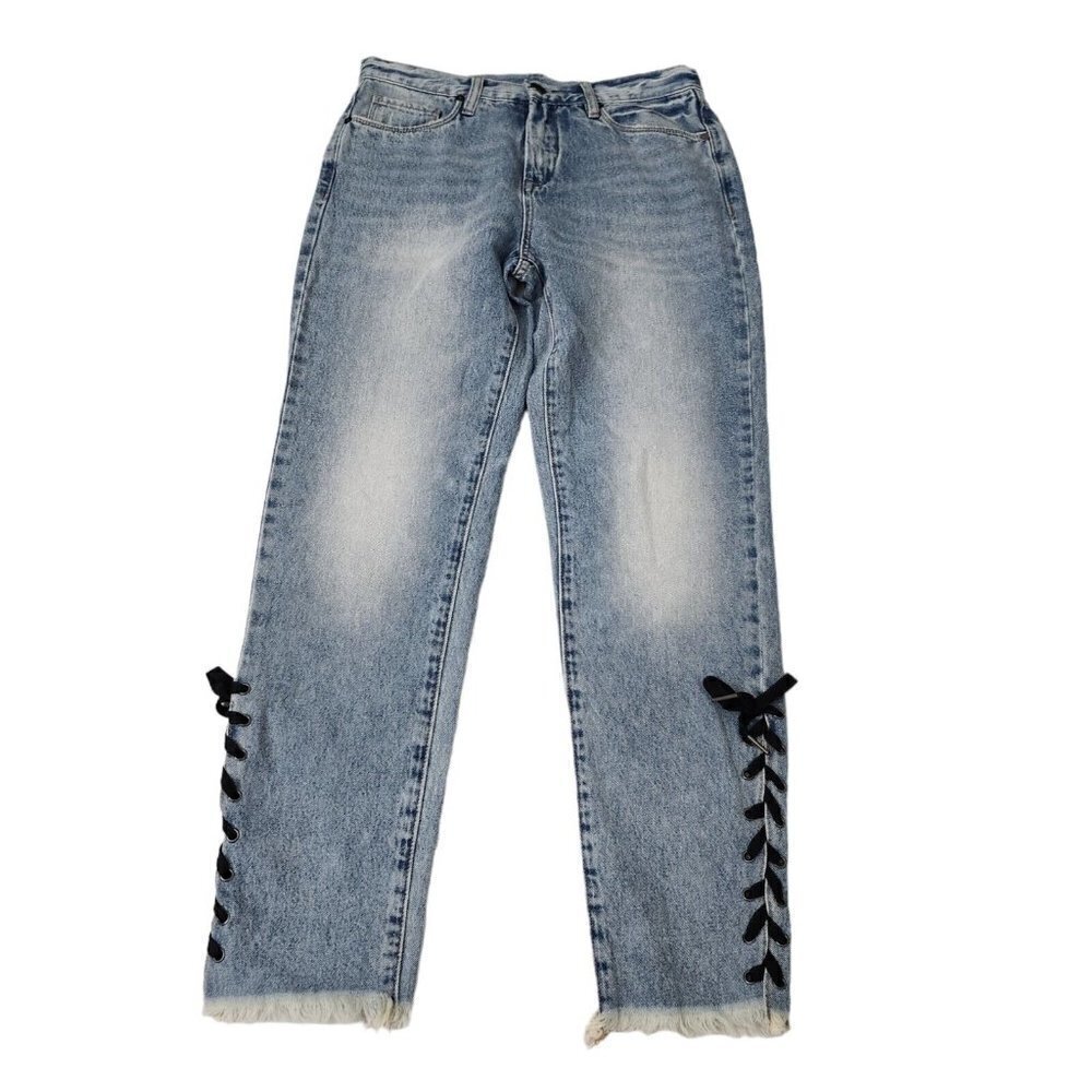 Blanknyc Jeans Womens 27‎ Blue High Rise Tapered Lace Up Raw Hem Denim Boho